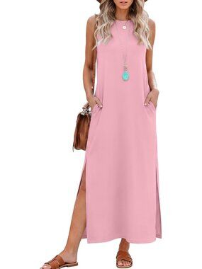 Women's Pink Summer Maxi Long Dress Sleeveless Side Slit Casual With Pockets